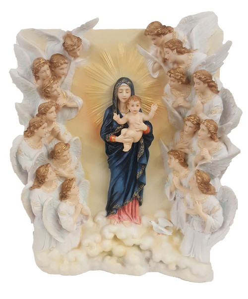 A Veronese Queen of Angels Plaque. The Queen of Angels Plaque is in fully hand-painted color. The Veronese Queen of the angels measures 9.5x11.5".