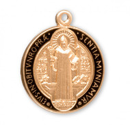Gold Plate over Sterling Silver with Black Enamel Double Sided St. Benedict Medal.  The St. Benedict Medal comes with a genuine gold plated 18" curb chain.  Dimensions: 0.8" x 0.6" (19mm x 16mm). Weight of Medal: 0.1 gram. Medal Comes in a deluxe velvet gift box. Made in the USA
