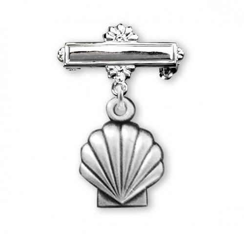 Solid .925 Sterling Silver Baby Holy Baptism Shell Medal on a Bar Pin.  Dimensions of medal: 0.9" x 0.4" (24mm x 10mm). Weight of medal: 1.2 Grams. Presents in a deluxe velour gift box. Engraving on bar available.  12 letter maximum. Made in the USA

 