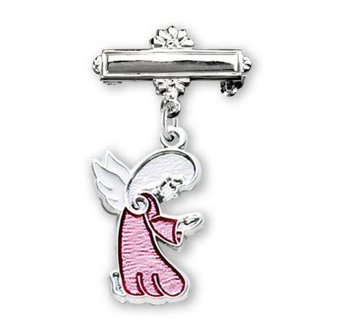 Solid .925 sterling silver Guardian Angel pink enameled pendant-pin.  Dimensions: 1.2" x 0.7" (30mm x 17mm). Weight of medal: 1.6 Grams. Made in USA. Deluxe velvet gift box included.  Engraving Available on Bar Pin