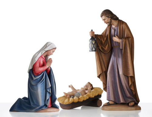 From Demetz, Elegantly carved Holy Family from Italy.  Carved in Linden Wood or Cast in Fiberglass. Pieces range from 2 to 5 feet tall. Available Sizes: 24", 30", 36", 48", 60" 