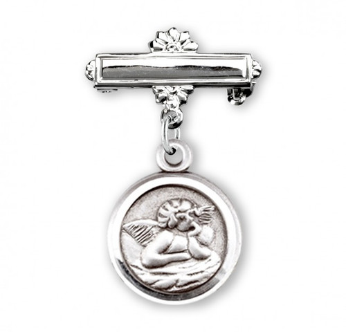 Solid .925 sterling silver Guardian angel round pendant-pin.  Dimensions: 1.0" x 0.7" (25mm x 17mm). Weight of medal: 2.4 Grams. Guardian Angel Baby Bar Pin comes in a deluxe velour gift box. Engraving on bar available. 12 letter maximum. Made in the USA