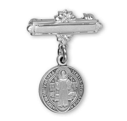 Solid .925 sterling silver  St Benedict round pendant-pin.  Dimensions: 1.0" x 0.7" (25mm x 17mm). Weight of medal: 2.0 Grams. St. Benedict Baby Bar Pin comes in a deluxe velour gift box. Engraving on bar available. 12 letter maximum. Made in the USA

 