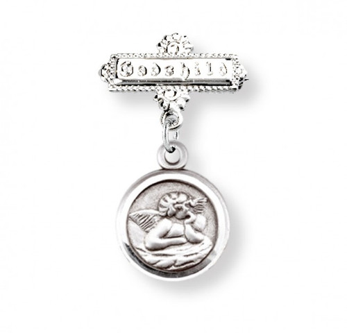 Godchild Guardian Angel Bar Pin.   Guardian Angel Sterling Silver Baby Bar has the word "Godchild" engraved on bar. Dimensions: 1.0" x 0.7" (24mm x 18mm). Weight of medal: 2.5 Grams. Made in USA. Deluxe velvet gift box is included.

 