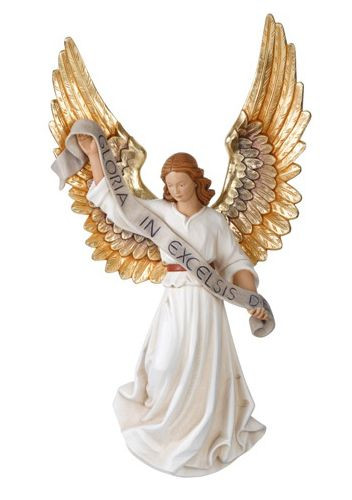 Nativity Set 1902- Elegant wood-carved Gloria Angel from Italy. Carved in Linden Wood or Cast in Fiberglass. Ranging from 2 to 5 feet tall.  Available Sizes: 24", 30", 36", 48", 60"