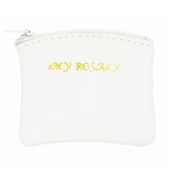 White Leather Rosary Pouch with Zipper Closure.  This white leather rosary case is durable and attactive. The rosary pouch features "My Rosary" in gold scripted calligraphy on front of rosary case. The white leather rosary case holds a medium size rosary.  A simple way to store your rosary safely, on the go, or on your nightstand.  A versatile gift for anyone. The white leather rosary pouch with zipper makes a great first communion gift when paired with a special rosary.