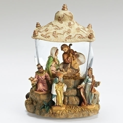 Image of the Fontanini Three Kings Musical Glitter Dome featuring the Holy Family under the King’s tent with the Wise Men surrounding it.