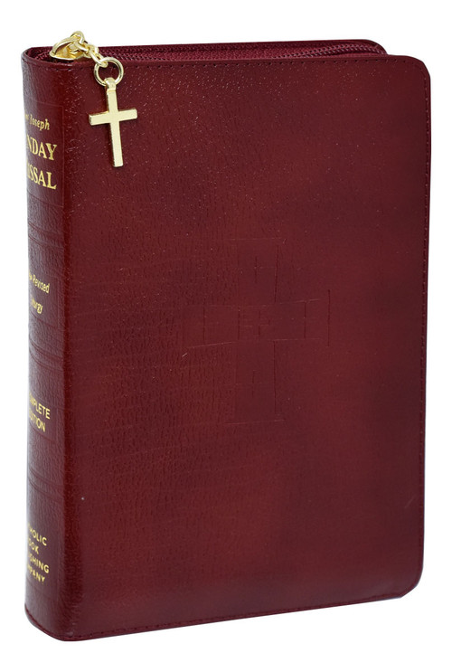 St Joseph Sunday Missal. The St Joseph Sunday Missal is the Complete Edition in Accordance with the Roman Missal. St Joseph Sunday Missal has a Burgundy Bonded Leather cover with Zipper close. The missal measures 4 1/4" X 6 1/4" and has 1600 pages