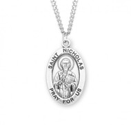 Saint Nicholas oval medal-pendant.  Solid .925 sterling silver Saint Nicholas oval medal-pendant comes on 24" genuine rhodium plated endless curb chain.  Medal comes in a deluxe velour gift box. Weight of medal: 4.9 Grams. Dimensions: 1.3" x 0.8" (32mm x 20mm). Engraving option available.

 