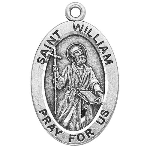 Patron Saint of Adopted Children. Large oval St William medal is .925 solid sterling silver. St William medal comes on a 24" genuine rhodium plated endless curb chain.  Dimensions: 1.1" x 0.7" (27mm x 17mm). Weight of medal: 2.8 Grams. Comes in a deluxe velour gift box. Engraving option available.  Made in USA