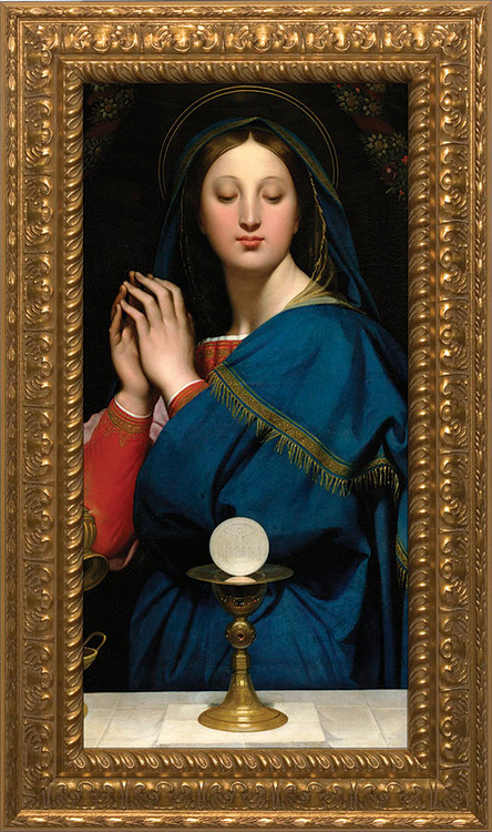 This vibrant and luminous painting of the Madonna of the Host by French Neoclassical artist Jean Auguste Dominique Ingres is a graceful expression of Mary as the Mediatrix of all graces. Comes framed is a standard gold frame (pattern may vary from picture).