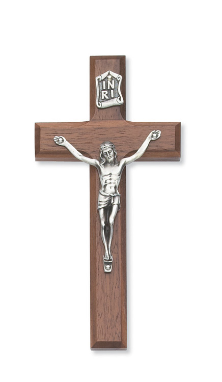 Beveled Walnut Wall Cross with Silver Corpus.  Walnut Wall Cross with Silver Corpus comes in three sizes; 6", 8"  or 10". Packaged in a gift box. Ideal wedding or house warming present