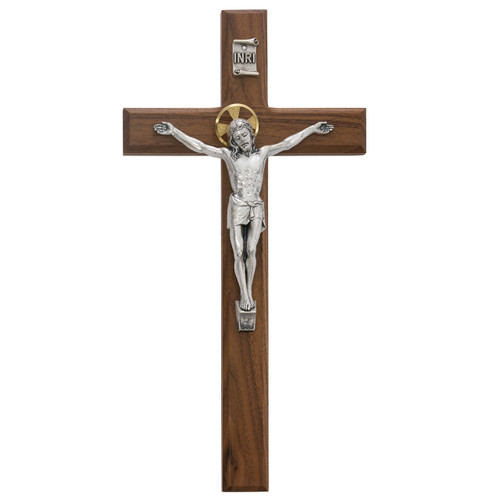Beveled Walnut Crucifix with Silver Corpus and Gold Halo. Beveled Walnut Crucifix comes gift boxed.  Ideal gift for wedding or house warming.  Made in the USA
