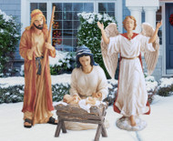 A new way to display a beautiful detailed and colorful outdoor nativity set. This is an all metal, 4 piece set with the tallest figure measuring 51 inches. It is designed to last for years and to be easy to ship and store. The all metal pieces are printed with high resolution paint that resists fading. The super high resolution images painted on flat metal give the remarkable illusion of pieces being three dimensional and the details - especially the faces - show with such clarity that the Christmas Story is truly brought to life. Set up is a snap and each piece comes with durable, three pronged stakes to anchor them in the ground. In addition, each piece comes with brackets intended to secure them in the wind. Also available in full 12 piece set (RLN058).