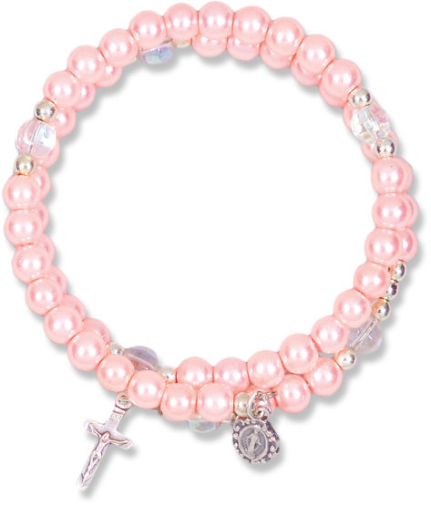6mm Imitation Pink Pearl  Bead 5-Decade Spiral Wrap Rosary Bracelet. Wrap Rosary comes Carded. 