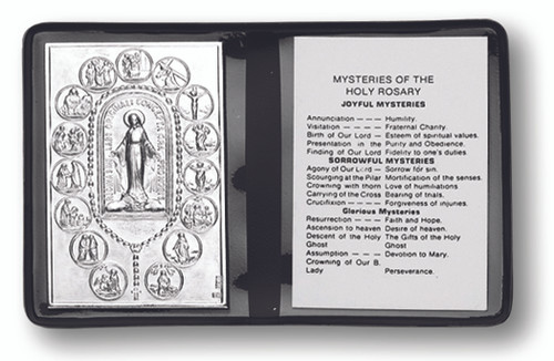 2.5" x 4" Grained Leatherette Folder with Clear Soft Acetate Pockets. The leatherette folder contains an  Italian made metal plaque and the other side has the Mysteries of the Rosary. 
