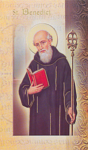 St. Benedict Folder. Folder is a 2 Page Biography that inludes his name meaning, St. Benedict's attributes, a prayer to the saint and his feast day.  Two page Biography Folder is gold stamped Italian art. Folder measures 5.375" X 3.25".  