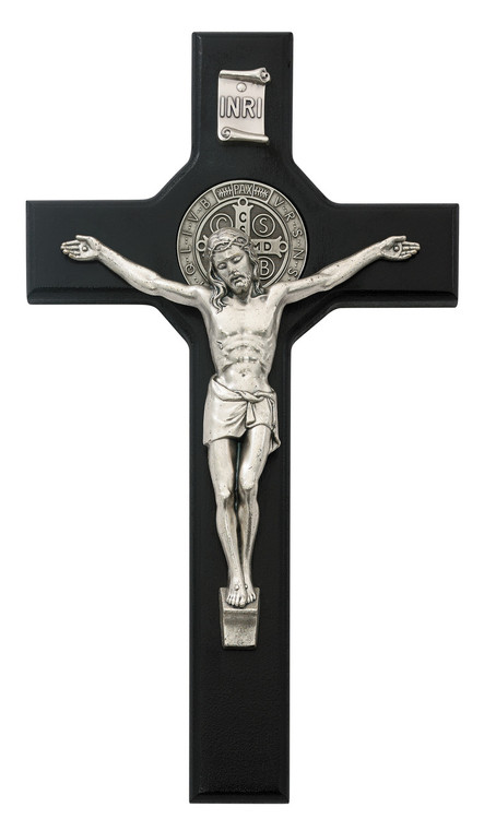 10 1/2" Black Stained St. Benedict Crucifix with Silver Corpus. Packaged in a deluxe gift box

