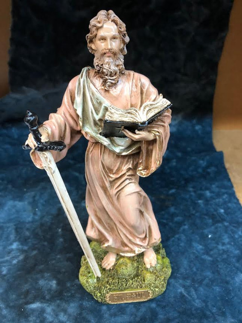 Saint Paul Statue by Liscano.  This statue of Saint Paul is made in Colombia, South America. The statue of St. Paulhas been beautifully hand painted by the Widows of Colombian Violence.  It's measurements are  9"H  x 3" round diameter base.