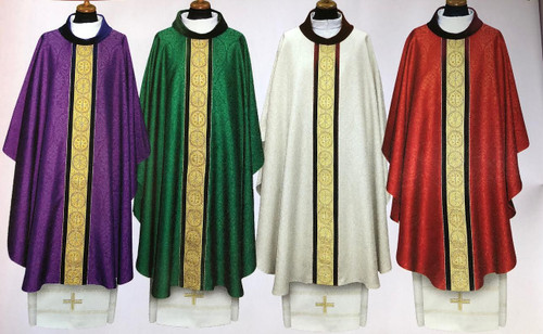 This Chasuble is made of a beautiful damask fabric that is decorated with a wealthy panel placed on velvet. The collar is made of velvet. Colors available: Purple, Green, Off White, Red