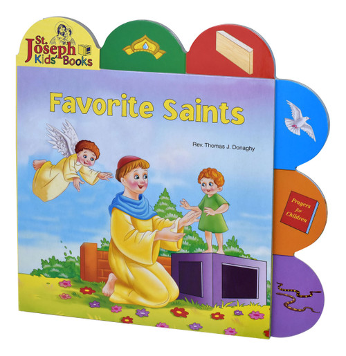 Favorite Saints by popular author Rev. Thomas J. Donaghy,  is a short board book that introduces young children to the wonderful world of Saints. The tabs help children pick out elements in each of the spreads, making reading this book an interactive experience. Favorite Saints contains bright, vibrant, and playful contemporary illustrations that will make this book an enjoyable learning experience for young Catholic children. Details:  9 1/2" X 9 1/2" ~ Full Color Board Book ~ 12 pages 
