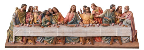 Last Supper Wood Carved Statue in color, from Demetz Art Studio in Italy.  Statue is Hand Carved in Linden Wood, high relief, shown in traditional colors.  Available in multiple sizes and in fiberglass.
