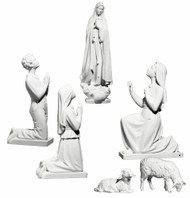 Fatima and Children statue set is shown in carved fiberglass and is created from Demetz Art Studio in Italy.  Statues are can be cast in bronze, carved in wood, cast in fiberglas or carved in marble.  Available in multiple sizes and in different finishes. Please inquire at 1.800.523.7604 for pricing and sizing