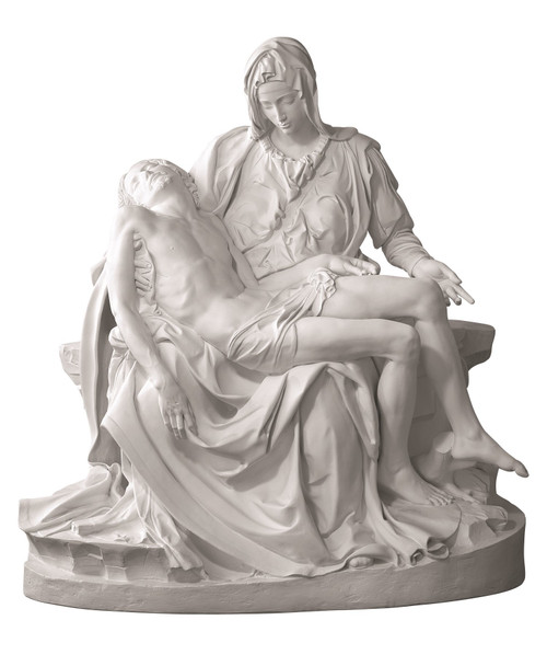 Michelangelo's Pieta is created from Demetz Art Studio in Italy.  Statues can be cast in bronze, carved in wood, cast in fiberglas or carved in marble.  Available in multiple sizes and in different finishes. Please inquire at 1.800.523.7604 for pricing and sizing