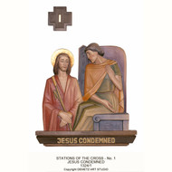 Station 1 ~ Jesus Condemned.  Stations of the Cross Set of Figures by Demetz. Stations are cast in fiberglass. Sizes available:  8" or 6" cast in fiberglass. Overal all size 16" x 12" &  20" x 15" are carved in linden wood.