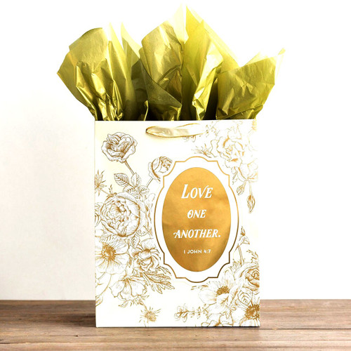 Gift Bag Details:

Size: 10 5/32"W x 13"H x 5 15/32"W
Large size
Gift bag features satin ribbon handles with gold edges and gold foiling
Coordinating tissue included; two sheets
Scripture: I John 4:7