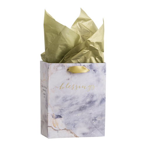 Enjoy wrapping gifts with this 'Blessings' small gift bag with tissue. The marbleized design, foil lettering, and encouraging Scripture make this inspirational gift bag a favorite for all-occasion gift wrapping.
Message: blessings
Scripture: (either side of gift bag) The Lord bless you and keep you. Numbers 6:24
Gift Bag Details:
Small Gift Bag
Scripture: Numbers 6:24
Gift bag features ribbon handle, foiling, and coated paper
Coordinating tissue included; two sheets
Size: 5 5/16"W x 6 11/16"H x 2 13/16"D