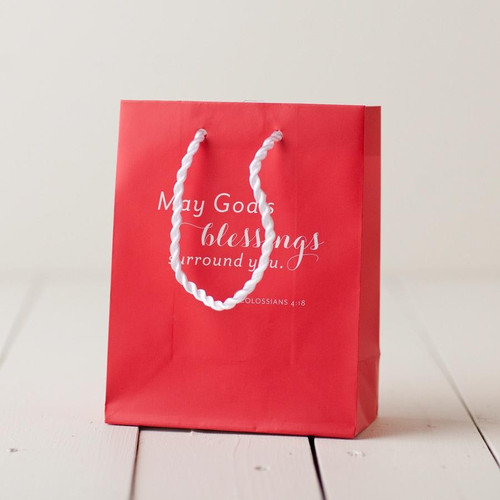 This Little Red Gift Bag is perfect for all occasions.
Message: May God's Blessings Surround You
Gift Bag Details:
Size:  6 3/4"H x 5"W x 2 3/4"D
Value small bag
Sturdy rope handles
Coated pape