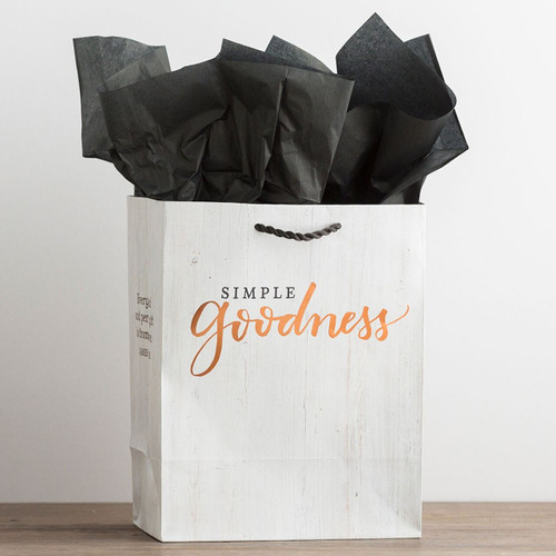 This 'Simple Goodness' medium gift bag with tissue wraps gifts with style! Its weathered-look design and foil lettering suits all occasions.

Message: Simple Goodness

Scripture: (either side of gift bag)
Every good and perfect gift is from above. James 1:17 CSB

Product Details:

Size: 7 3/4"W x 9 3/4"H x 4 3/4"D
Medium specialty gift bag
CSB Scripture text
Gift bag features soft rope handle, foiling, and coated paper
Coordinating tissue included; two sheets