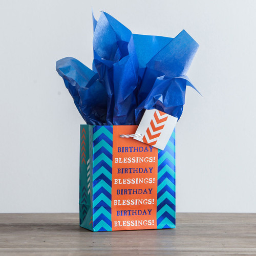 Wrap birthday gifts quickly and beautifully with this inspiring gift bag—perfect for jewelry and other smaller-sized items!

Message: Birthday Blessings!

Size:  6 5/8"H x 5 1/2"W x 3"D
Specialty small bag
Bag features foiling
Sturdy rope handle
Coated paper
Coordinating tissue and gift tag included