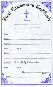 Two Color First Holy Communion Certificates in English.  Each certificate measures: 6" x 9 1/4".  Imprinted Certificates are sold in pads of 50 certificates.  All Certificates are Printed on Acid-Free Paper for Long Life.

 
