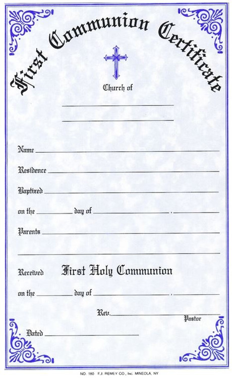 Two Color First Holy Communion Certificates in English.  Each certificate measures: 6" x 9 1/4".  Imprinted Certificates are sold in pads of 50 certificates.  All Certificates are Printed on Acid-Free Paper for Long Life.

 