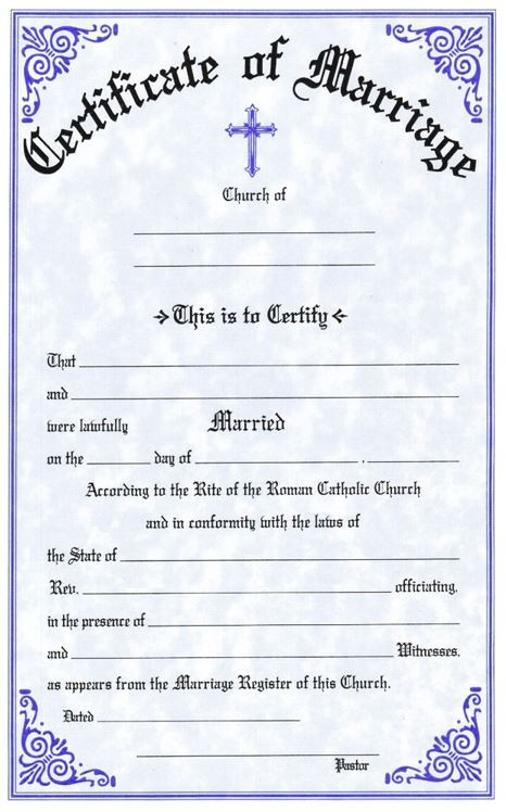Two Color Marriage Certificates. Certificates are available in English and Bilingual (Eng/Spanish) Each certificate measures: 6" x 9 1/4".  Imprinted Certificates are sold in pads of 50 certificates.  All Certificates are Printed on Acid-Free Paper for Long Life