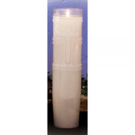 Image of a sanctuary light with a white candle and clear plastic case with a cross on it.