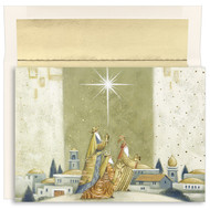 Offering Gifts Boxed Christmas Cards. Offering Gifts Christmas Cards feature gold foil and embossed with clear UV glitter. Inside Sentiment: "AS THE LIGHT OF GOD'S LOVE SHINES BRIGHTLY THIS CHRISTMAS, MAY WE PRAISE HIM FOR THE GIFT OF JESUS." 16 cards/16 foil lined envelopes. Folded Card Size: 5.625" x 7.875". Packaged in a printed box with an inside fit acetate lid. 