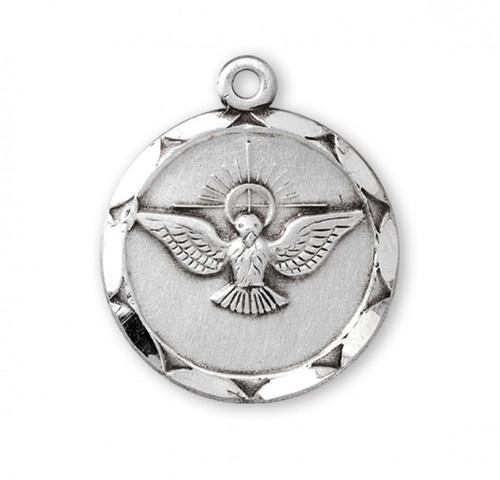 Sterling Silver Holy Spirit Medal.  .925 Holy Spirit Medal comes on an 18" genuine rhodium plated curb chain.  Dimensions: 0.8" x 0.7" (20mm x 18mm). Weight of medal: 3.5 Grams. Deluxe velvet gift box included.  Made in USA. Engraving available