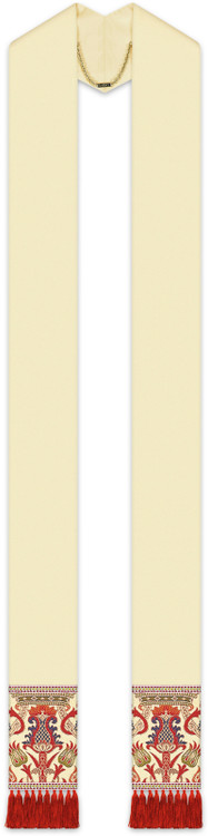 Stole in style 65 (flat rounded capuche) in Dupion fabric, 70% man-made fibres and 30% viscose, with Regina orphreys. Model with fringes.  Available in colors: Beige, Purple, Rose, Green, and RedPlease specify the color combination of the Regina brocade fabric: white / red, white / green, white / purple or white / blue. Measures  57"L  x 4 3/4"W