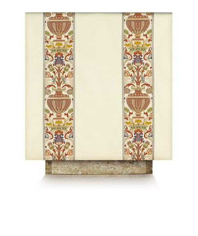 Lectern or Ambo Cover is made in a Dupion fabric made of 70% man-made fibers and 30% viscose with Regina orphreys, a multi-colored brocade.  Available in  green, beige, red, rose, and purple. Altar cover; 36"W x 75L" (90 x 190 cm), or custom-made.

Adorned with orphreys in Regina, a multi-coloured brocade, now available in following combinations white/red, white/green, white/purple or white/blue, trimmed with matching braid.  These items are imported from Europe. Please supply your Institution’s Federal ID # as to avoid an import tax. Please allow 3-4 weeks for delivery if item is not in stock.