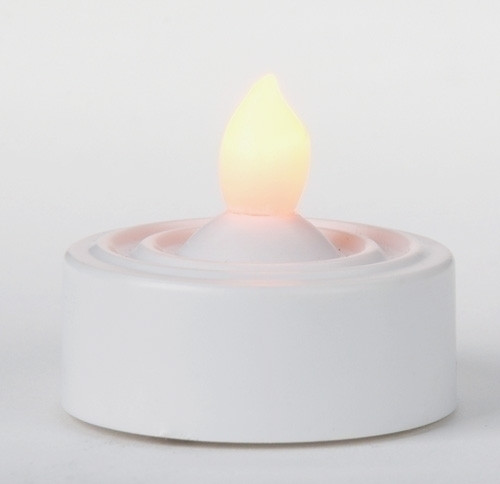 White LED Tea Lights.  Made of Plastic. Dimensions: 1.25" x  1.25. A CR2450 battery is included.
