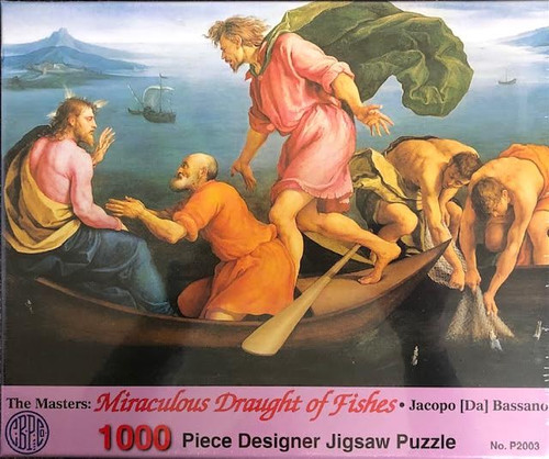 The Miraculous Drought of Fishes by Jacopo (da) Bassano 1000 Piece Puzzle.  The Miraculous Drought of Fishes 1000 Piece Jigsaw Puzzle measures 27" x 19". Its a long winter ahead. Puzzles are something for you to do or  the entire family can work on together!