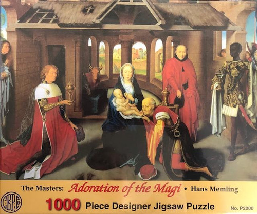 Adoration of the Magi 1000 Piece Puzzle by Artist Hans Memling 1000 Piece Puzzle.  The Adoration of the Magi 1000 Piece Jigsaw Puzzle measures 27" x 19". Its a long winter ahead. Puzzles are something for yourself to do or the entire family can work on together!