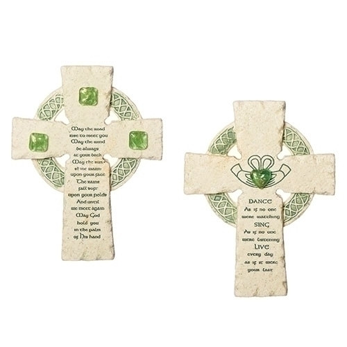 Celtic Cross Faithstones with Verses. Dimensions: 6.5"H x 5"W x 1.25"D. Resin/Stone Mix. Your choice of sayings: May the Road Rise Up to Meet You verse,  or DANCE as if no one were watching SING as if no one were  listening LIVE every day as if it were your last.
