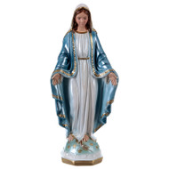 Pearlized Our Lady of Miracles statue in pearlized plaster, 12" tall. The Virgin Mary is wearing a long white dress and a blue cape with golden hems. The pearlized effect ensures greater shininess. Made and painted by hand in Italy.  Blue color may vary!!