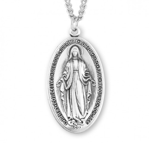 1 1/4" Large Sterling Silver Oval Miraculous Medal. Medal comes on a 24 " genuine rhodium plated endless curb chain. Made in the USA. Dimensions: 1.4" x 0.8" (36mm x 20mm).  includes a deluxe velvet gift box. Solid .925 Sterling Silver. Weight is 8.0 grams.