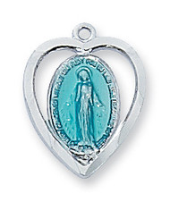 Sterling Silver Blue Enameled Miraculous Medal in Heart Shaped Pendant. Comes on 18" chain. Dimension: 9/16" X 1/2". Comes on 18" chain. Dimension: 1/2"L