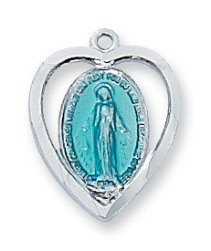 Sterling Silver Blue Enameled Miraculous Medal in Heart Shaped Pendant. Comes on 18" chain. Dimension: 9/16" X 1/2". Comes on 18" chain. Dimension: 1/2"L